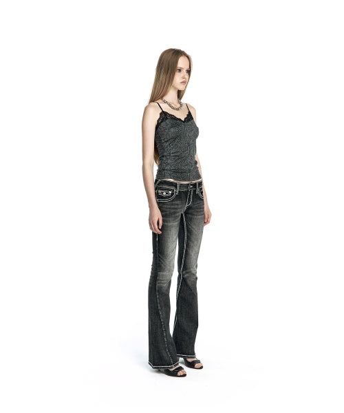 WESTERN CURVE EMBROIDERY JEANS - 2 COLORS BLACK