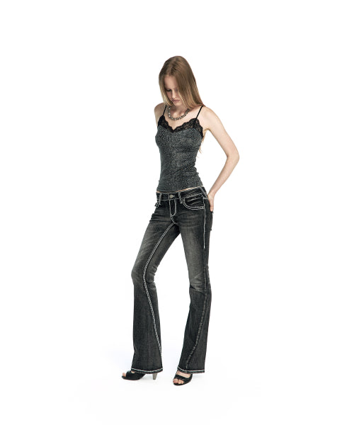WESTERN CURVE EMBROIDERY JEANS - 2 COLORS BLACK
