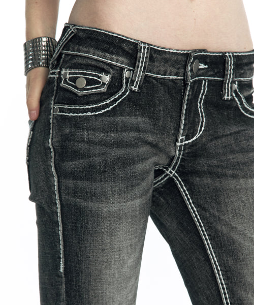WESTERN CURVE EMBROIDERY JEANS - 2 COLORS BLACK