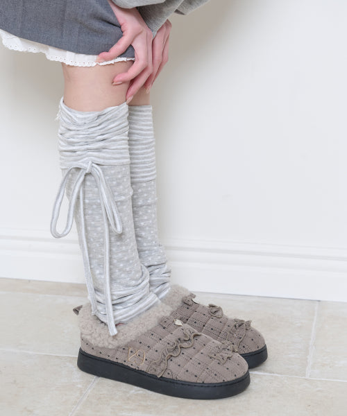 FUR TRIM RUFFLE PADDED SHOES - 2 COLORS BEIGE