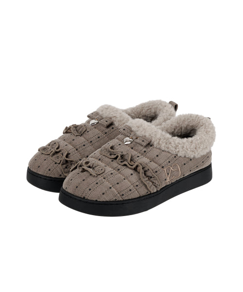 FUR TRIM RUFFLE PADDED SHOES - 2 COLORS BEIGE