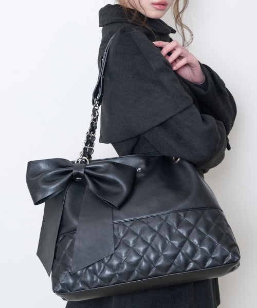 RIBBON QUILTED SHOULDER BAG - 2 COLORS BLACK