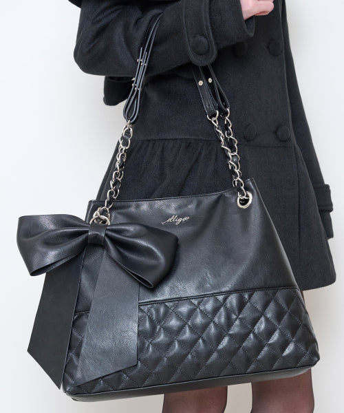 RIBBON QUILTED SHOULDER BAG - 2 COLORS BLACK