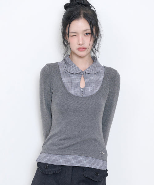 LAYERED SHIRT BUTTON TOP - 2 COLORS CHARCOAL