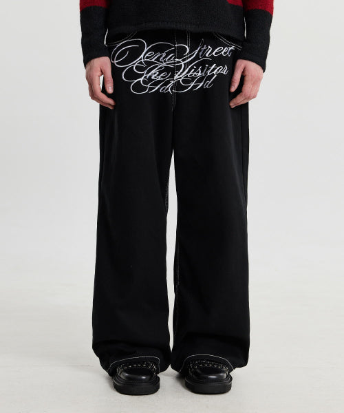 LETTERING MIX EMBROIDERY TWILL COTTON PANTS - 2 COLORS BLACK