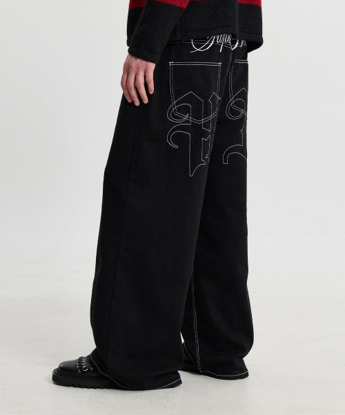 LETTERING MIX EMBROIDERY TWILL COTTON PANTS - 2 COLORS BLACK