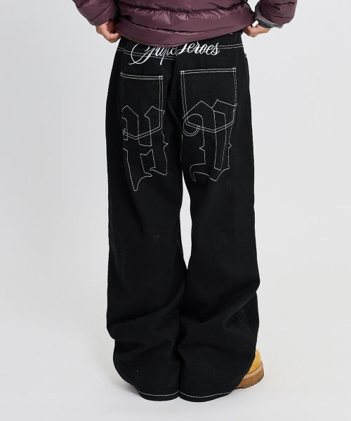 LETTERING MIX EMBROIDERY TWILL COTTON PANTS - 2 COLORS BLACK