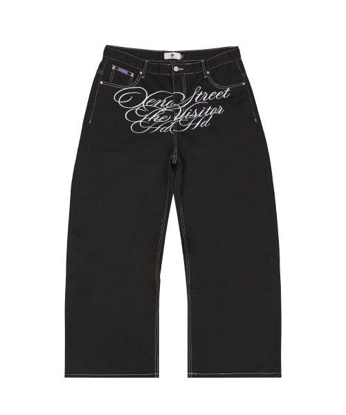 LETTERING MIX EMBROIDERY TWILL COTTON PANTS - 2 COLORS BLACK