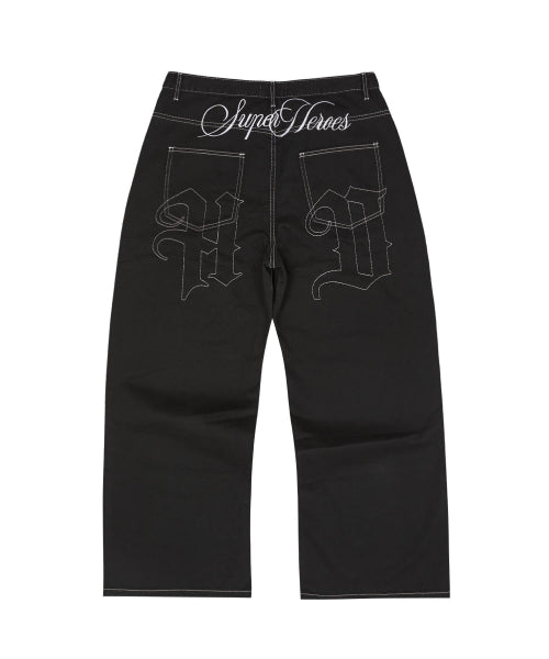 LETTERING MIX EMBROIDERY TWILL COTTON PANTS - 2 COLORS BLACK