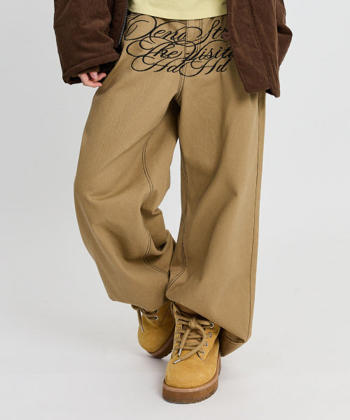 LETTERING MIX EMBROIDERY TWILL COTTON PANTS - 2 COLORS BEIGE