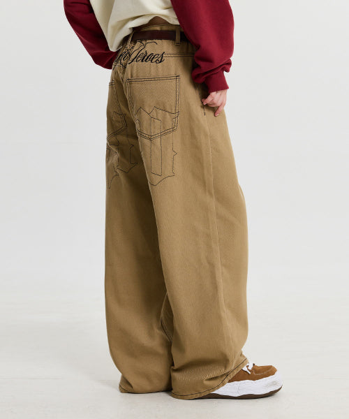 LETTERING MIX EMBROIDERY TWILL COTTON PANTS - 2 COLORS BEIGE