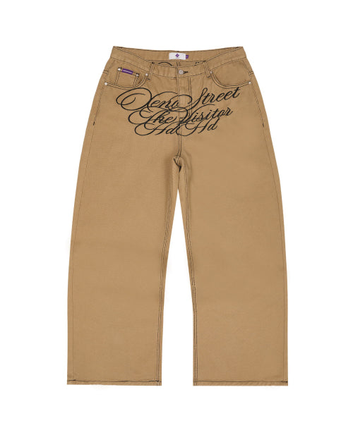 LETTERING MIX EMBROIDERY TWILL COTTON PANTS - 2 COLORS BEIGE
