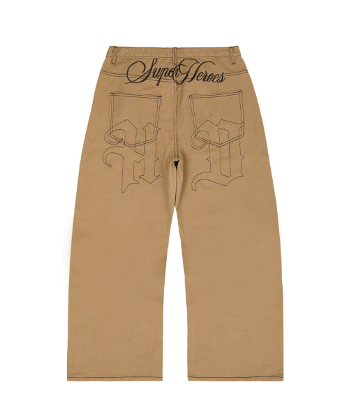 LETTERING MIX EMBROIDERY TWILL COTTON PANTS - 2 COLORS BEIGE