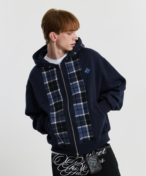 CHECK COLOR BLOCK LINE HOOD ZIP UP - 2 COLORS NAVY