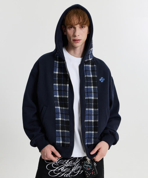 CHECK COLOR BLOCK LINE HOOD ZIP UP - 2 COLORS NAVY