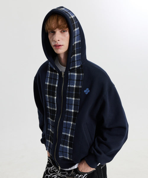 CHECK COLOR BLOCK LINE HOOD ZIP UP - 2 COLORS NAVY