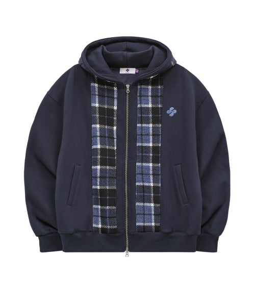 CHECK COLOR BLOCK LINE HOOD ZIP UP - 2 COLORS NAVY