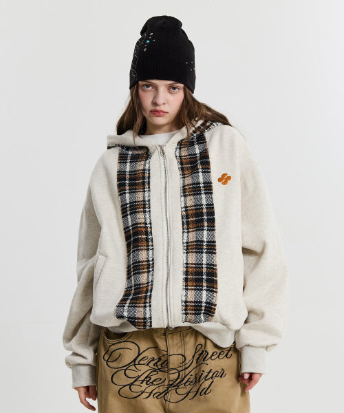 CHECK COLOR BLOCK LINE HOOD ZIP UP - 2 COLORS OATMEAL