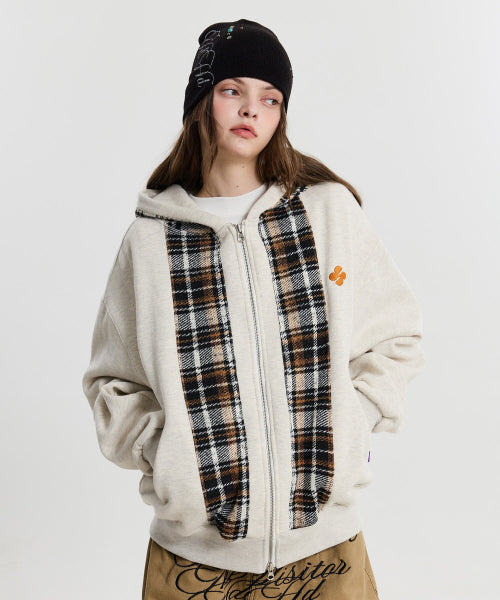 CHECK COLOR BLOCK LINE HOOD ZIP UP - 2 COLORS OATMEAL
