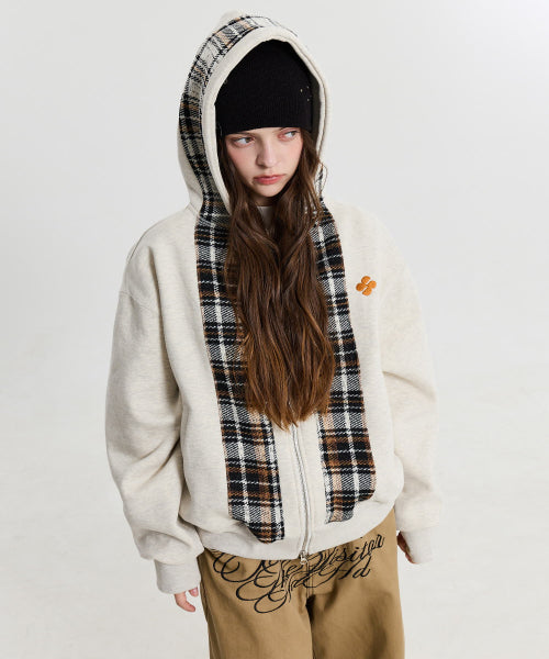 CHECK COLOR BLOCK LINE HOOD ZIP UP - 2 COLORS OATMEAL