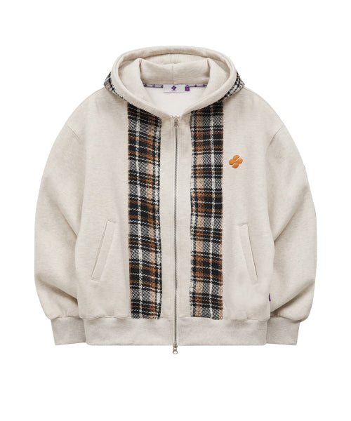 CHECK COLOR BLOCK LINE HOOD ZIP UP - 2 COLORS OATMEAL