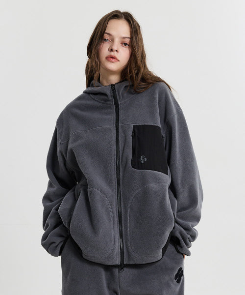 FLEECE COLOR BLOCK HOODED JACKET - 3 COLORS CHARCOAL
