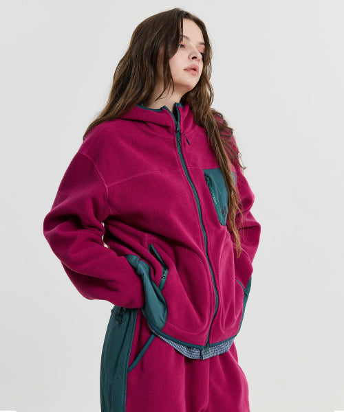 FLEECE COLOR BLOCK HOODED JACKET - 3 COLORS PURPLE