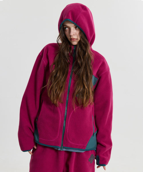 FLEECE COLOR BLOCK HOODED JACKET - 3 COLORS PURPLE