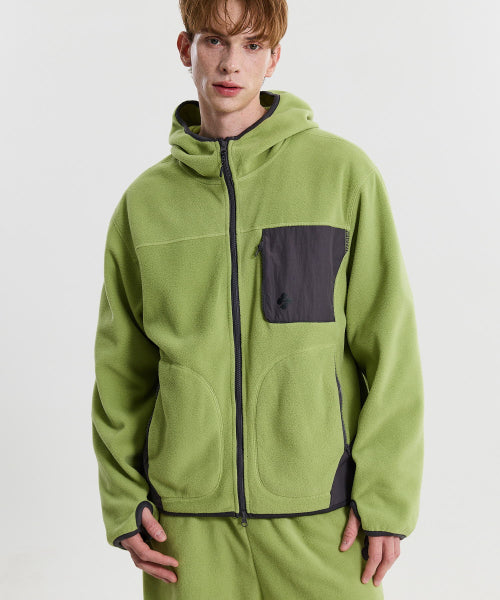 FLEECE COLOR BLOCK HOODED JACKET - 3 COLORS LIGHT GREEN