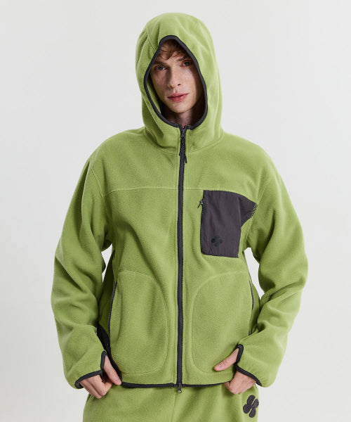 FLEECE COLOR BLOCK HOODED JACKET - 3 COLORS LIGHT GREEN