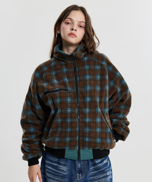 REVERSIBLE CHECK FLEECE WARM UP JACKET - 2 COLORS GREEN