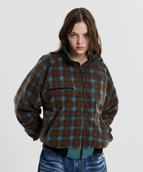 REVERSIBLE CHECK FLEECE WARM UP JACKET - 2 COLORS GREEN