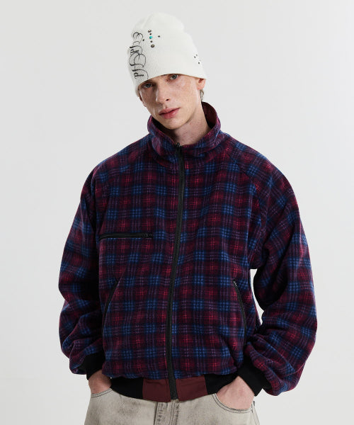 REVERSIBLE CHECK FLEECE WARM UP JACKET - 2 COLORS BURGUNDY