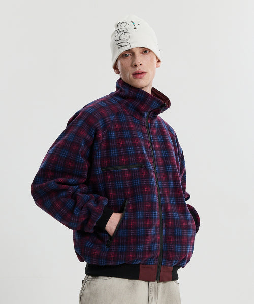 REVERSIBLE CHECK FLEECE WARM UP JACKET - 2 COLORS BURGUNDY