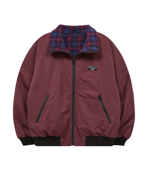 REVERSIBLE CHECK FLEECE WARM UP JACKET - 2 COLORS BURGUNDY