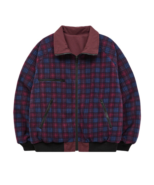 REVERSIBLE CHECK FLEECE WARM UP JACKET - 2 COLORS BURGUNDY