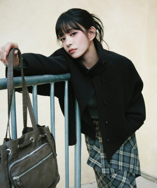 WOOL BLENDED DOUBLE STAND COLLAR SHORT COAT - 2 COLORS BLACK