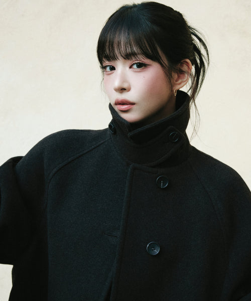 WOOL BLENDED DOUBLE STAND COLLAR SHORT COAT - 2 COLORS BLACK