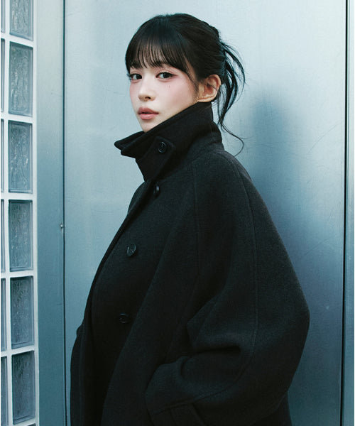 WOOL BLENDED DOUBLE STAND COLLAR SHORT COAT - 2 COLORS BLACK