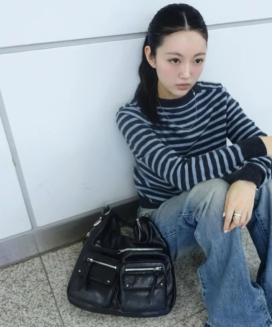 Double Pocket Shoulder Bag, BLACK