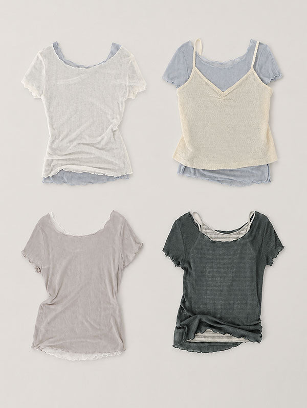 RUFFLE SEE-THROUGH SHORT SLEEVE TEE - 3 COLORS