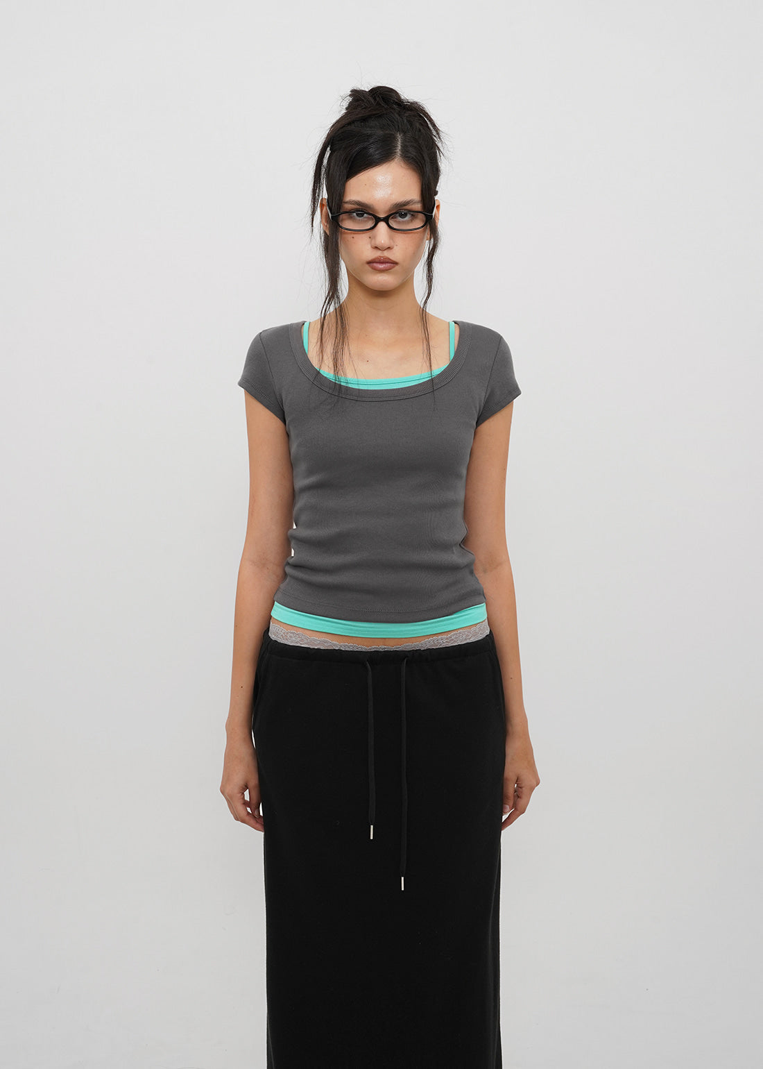BASIC RIBBED WIDE U-NECK CAP SLEEVE SHORT SLEEVE TEE 9