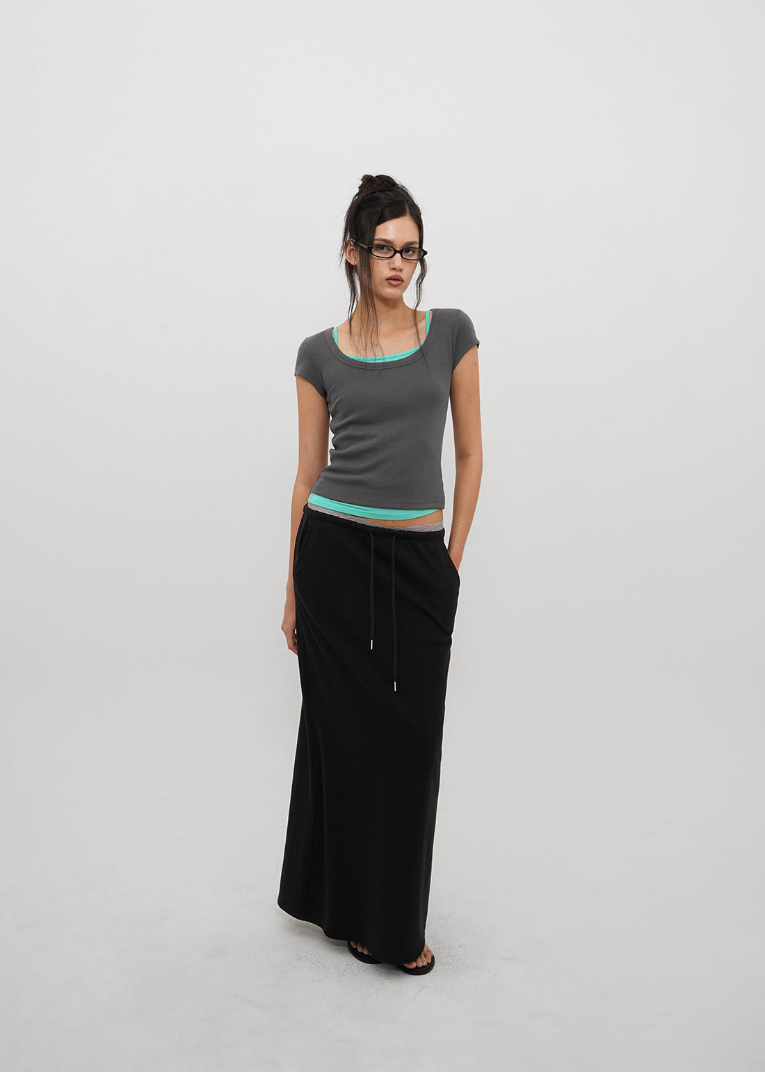 BASIC RIBBED WIDE U-NECK CAP SLEEVE SHORT SLEEVE TEE 8