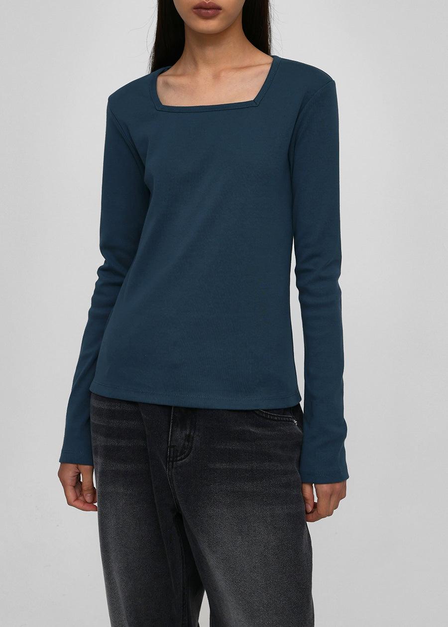 SQUARE NECK SOLID LONG SLEEVE TEE 2