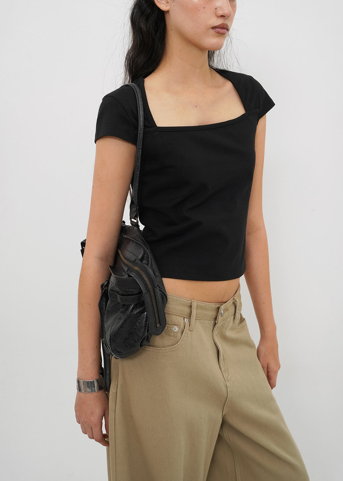 STRETCH COTTON SQUARE NECK CAP SLEEVE SHORT SLEEVE TEE 9