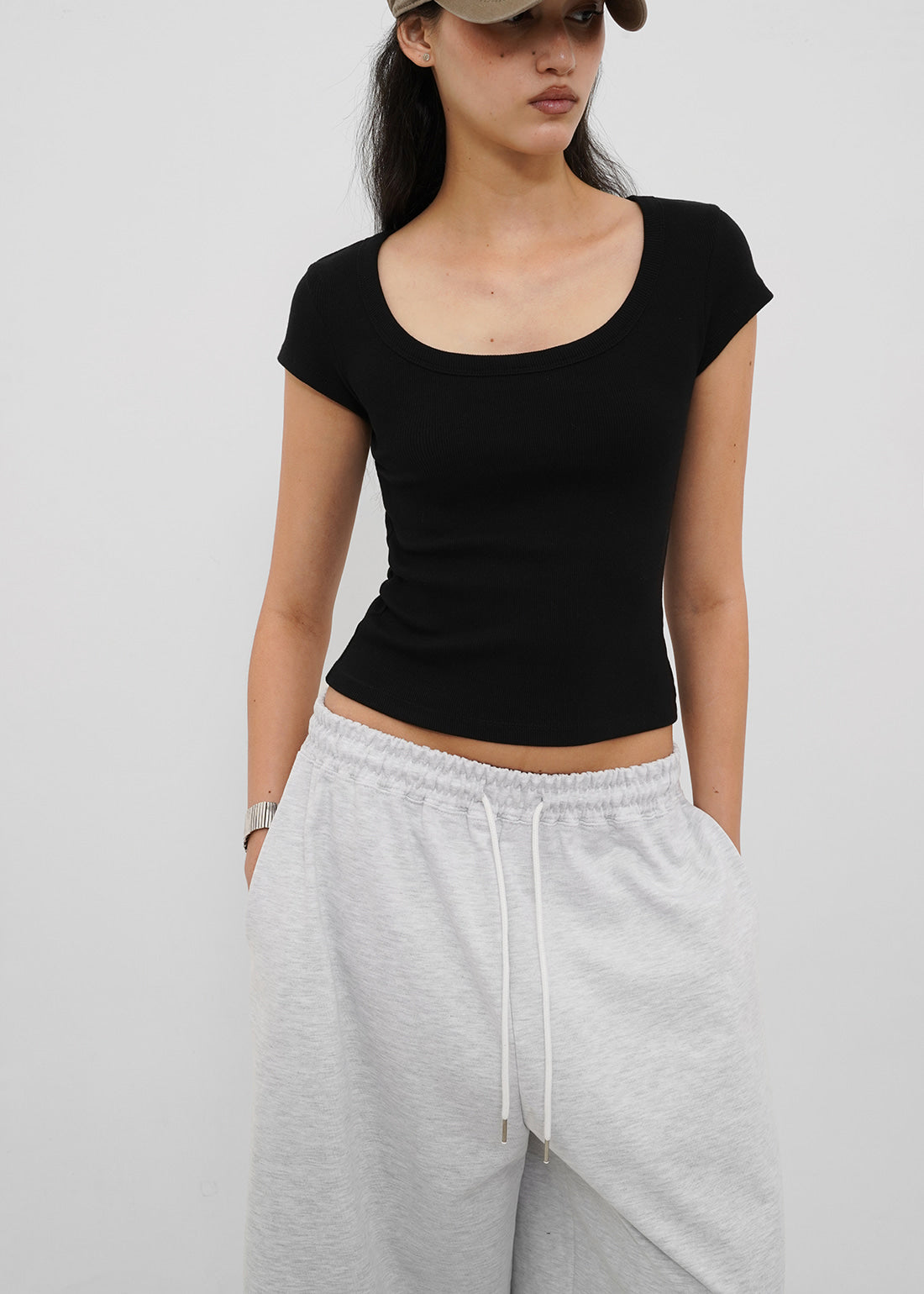BASIC RIBBED WIDE U-NECK CAP SLEEVE SHORT SLEEVE TEE 13