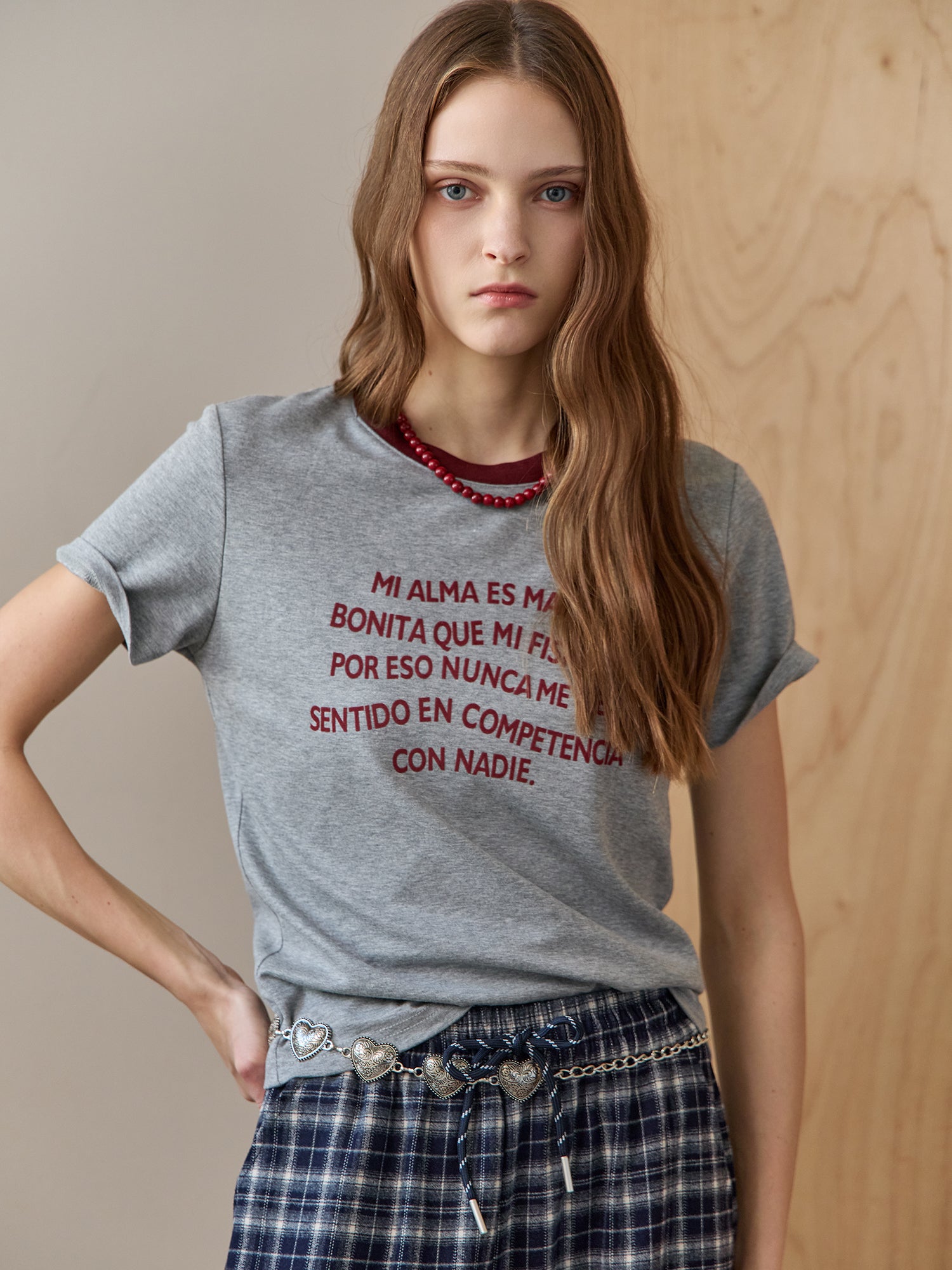 COLOR BLOCK ROUND NECK METAL TIP LETTERING SHORT-SLEEVE T-SHIRT
