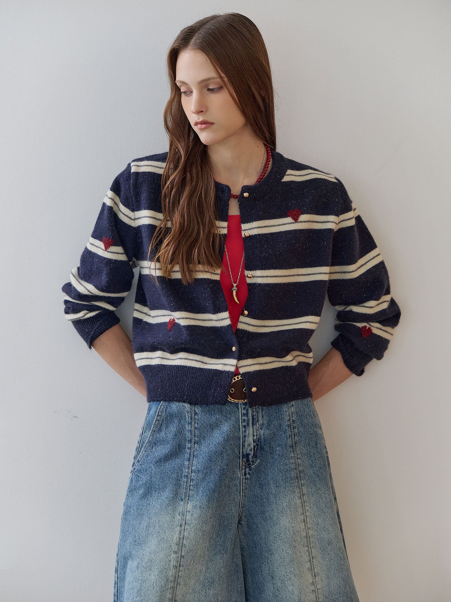 HEART STRIPE PEARL KNIT CARDIGAN