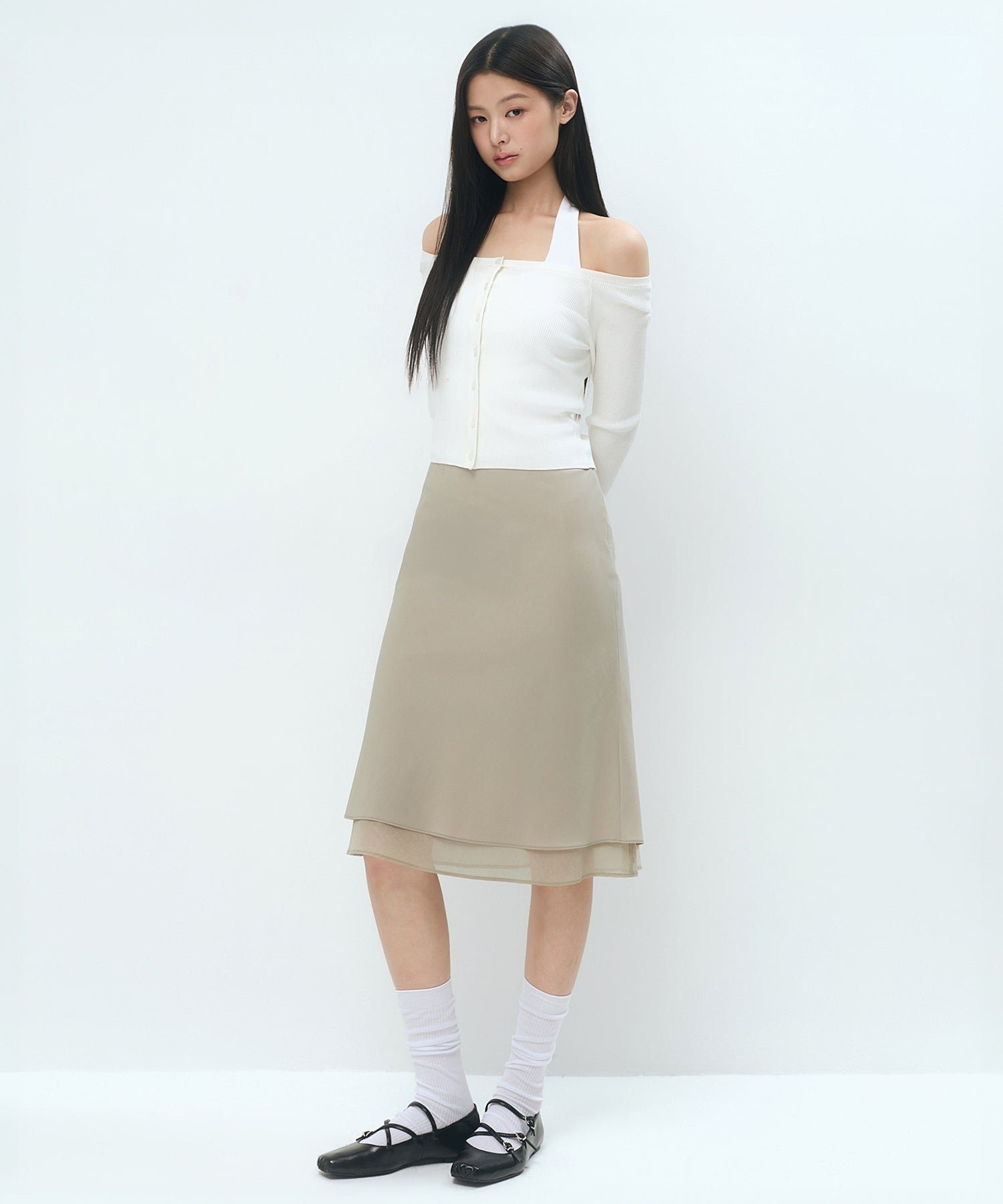 MUSINSA STANDARD DOUBLE LAYER MIDI SKIRT - MUSHROOM - MUSHROOM