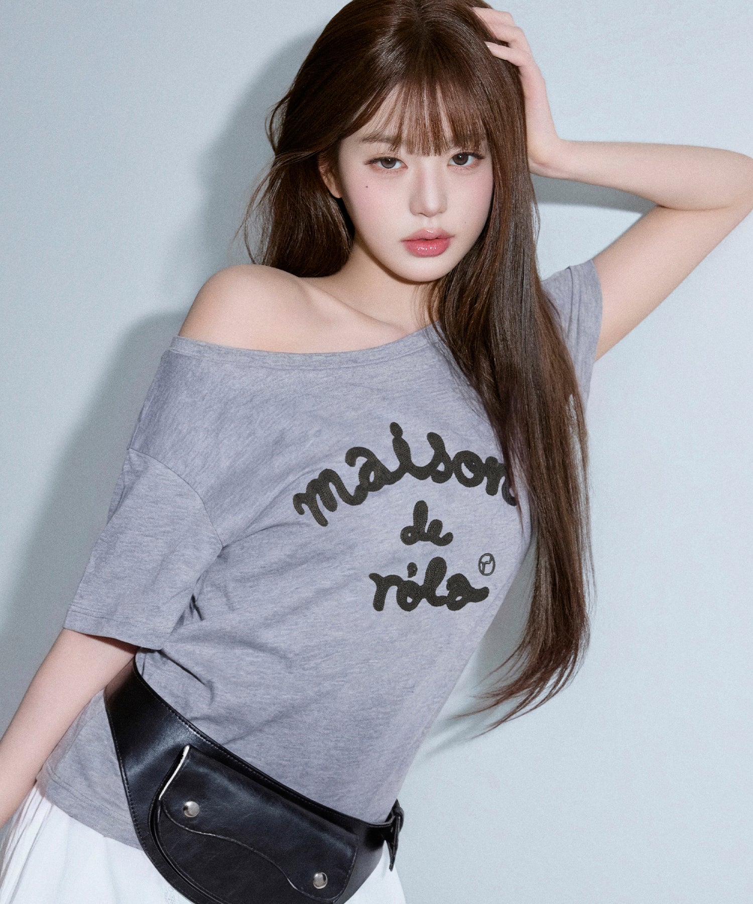 ROLAROLA MAISON DE ROLA EMBROIDERY OFF SHOULDER T-SHIRT - GRAY
